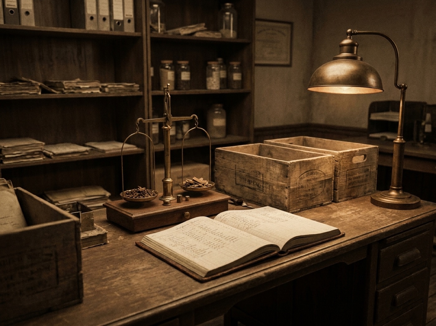 A heritage trading desk with a brass scale, ledgers, and sample crates
