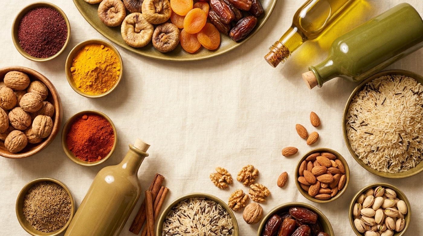 Spices, dry fruits, nuts, rice, and organic oils arranged together